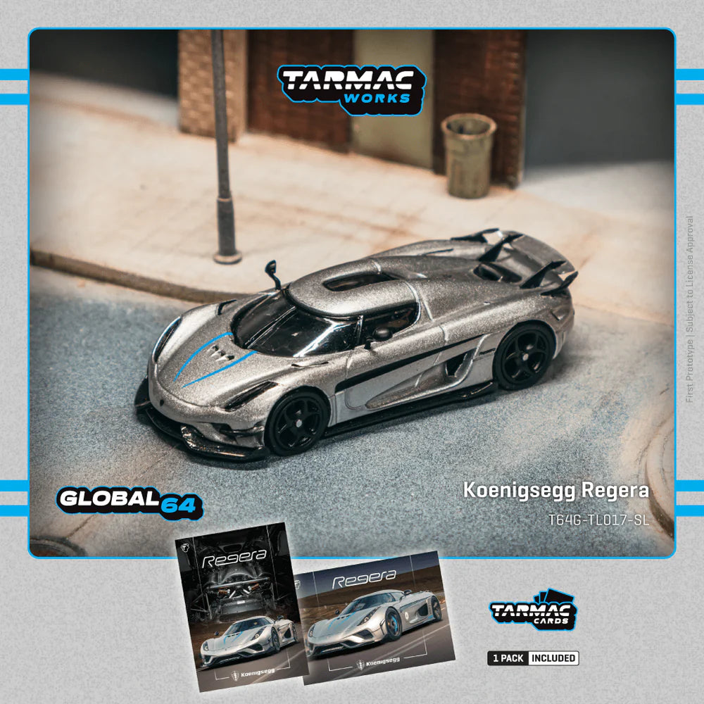 Tarmac Works Global64 1:64 Koenigsegg Regera with Trading Cards Pack Silver